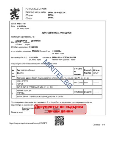 Удостоверение за наследници - документи за продажба на имот - Мирител